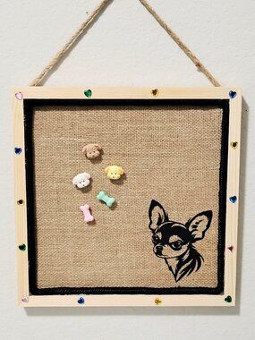 Adorable CHIHUAHUA Dog Heart Framed 12x12 Burlap Cork Board Decor Gift FREE Pins